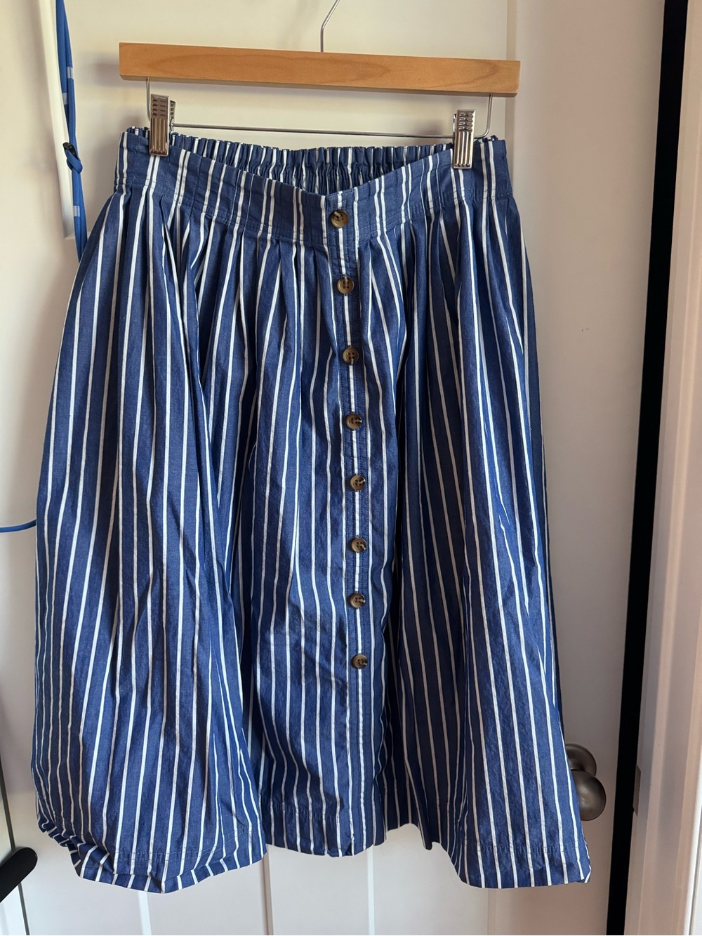 J. Crew Navy and White Striped Button-Front Midi Skirt